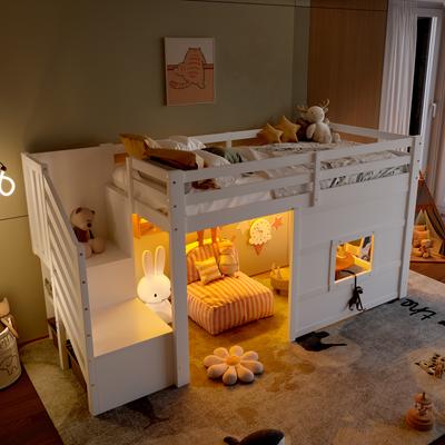 90X200 Loft Bed with Storage Staircase and Window, White