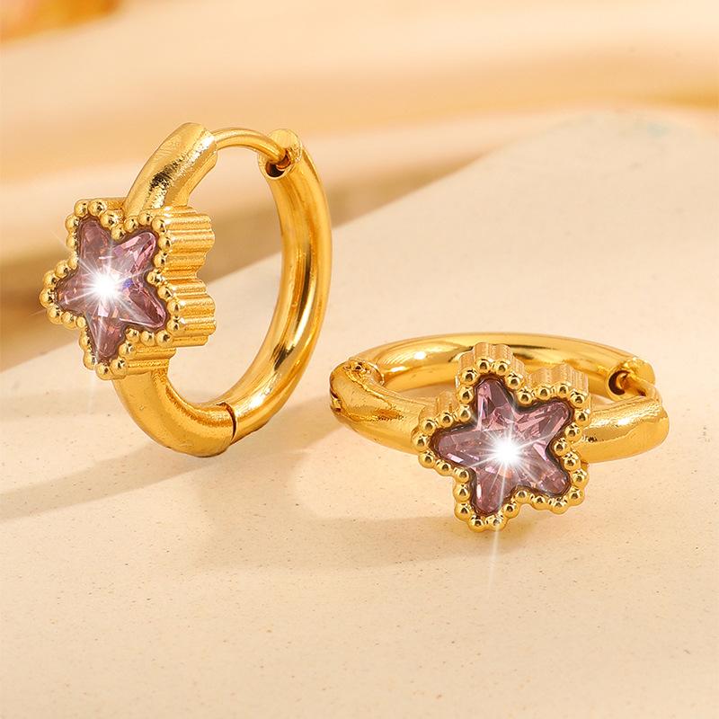 

18k Gold Titanium Steel Earrings with Zirconium Stones, Featuring Pentagonal Star-shaped Earrings and Small Round Ear Studs. Light pink diamond