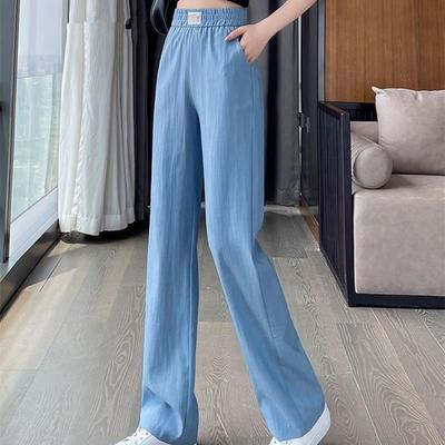 Womens Tencel Denim Wide Leg Pants High Waisted Elastic Waist Straight Leg Denim Pants