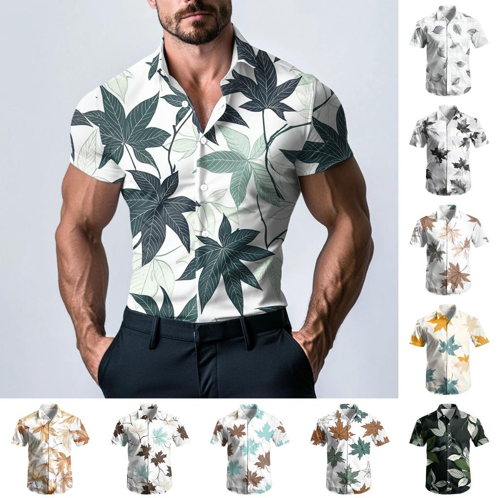 Pánská módní tištěná saténová košile s krátkým rukávem