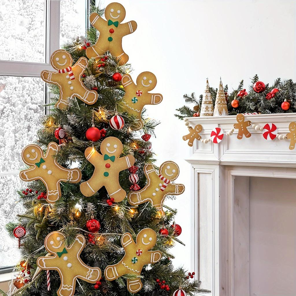 8pcs Large Gingerbread Man Christmas Tree Ornaments, Rustic Plastic Gingerbread Decorations, for Holiday Home, Office Vase Decor