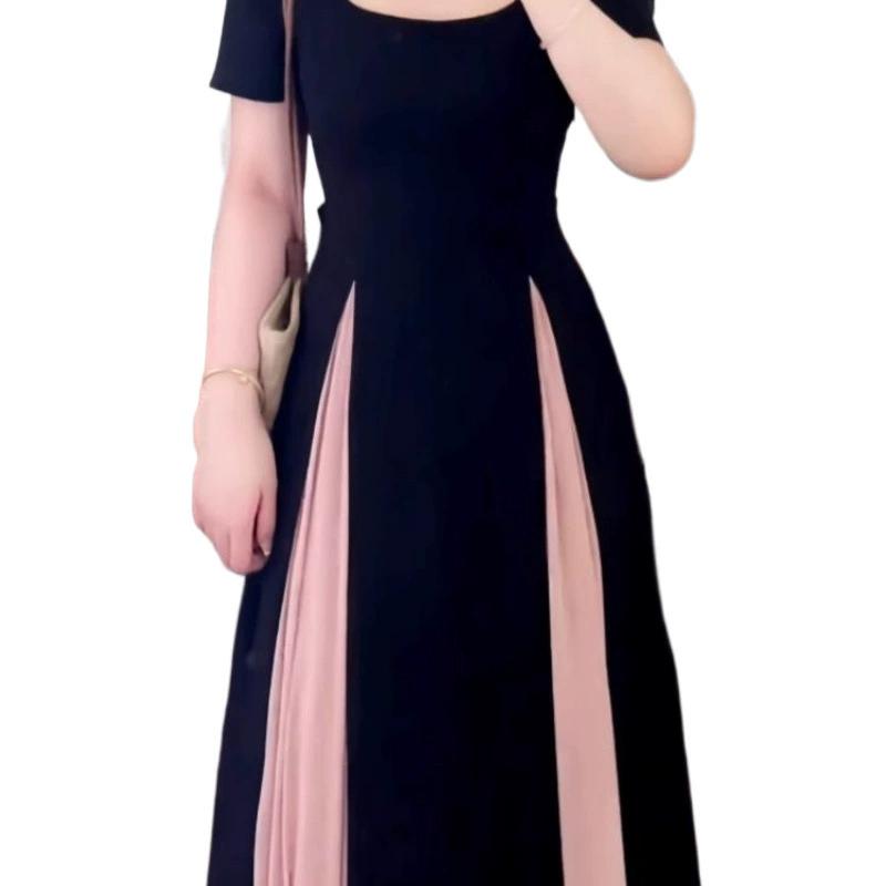 Großes französisches Mesh-Patchwork-Chic-Kleid für Damen im Sommer, mit einem fülligen und taillenförmigen Temperament, kleines schwarzes Kleid