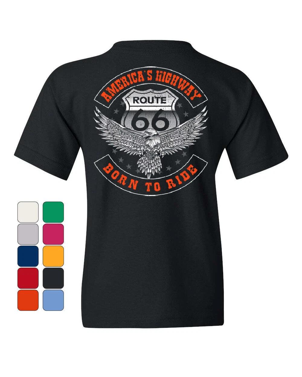 America s Highway Youth kids boys T-Shirt Born to Ride Route 66 Biker MC Chopper Kids Tee 140