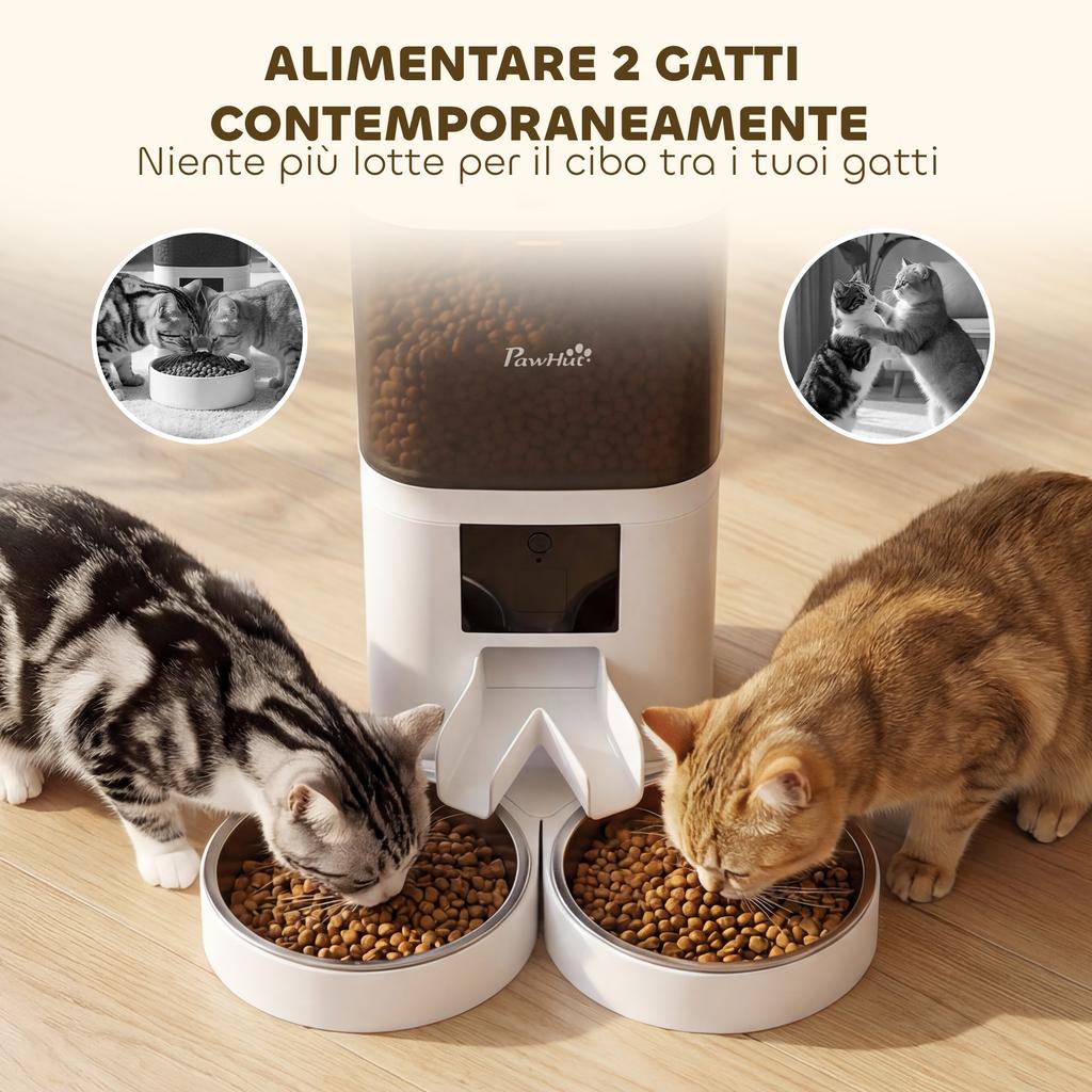6L Automatic Cat Food Dispenser, WiFi 2.4G, App Control with Timer, 1-10 Meals Per Day, 10s Recorder, 2 Stainless Steel Bowls