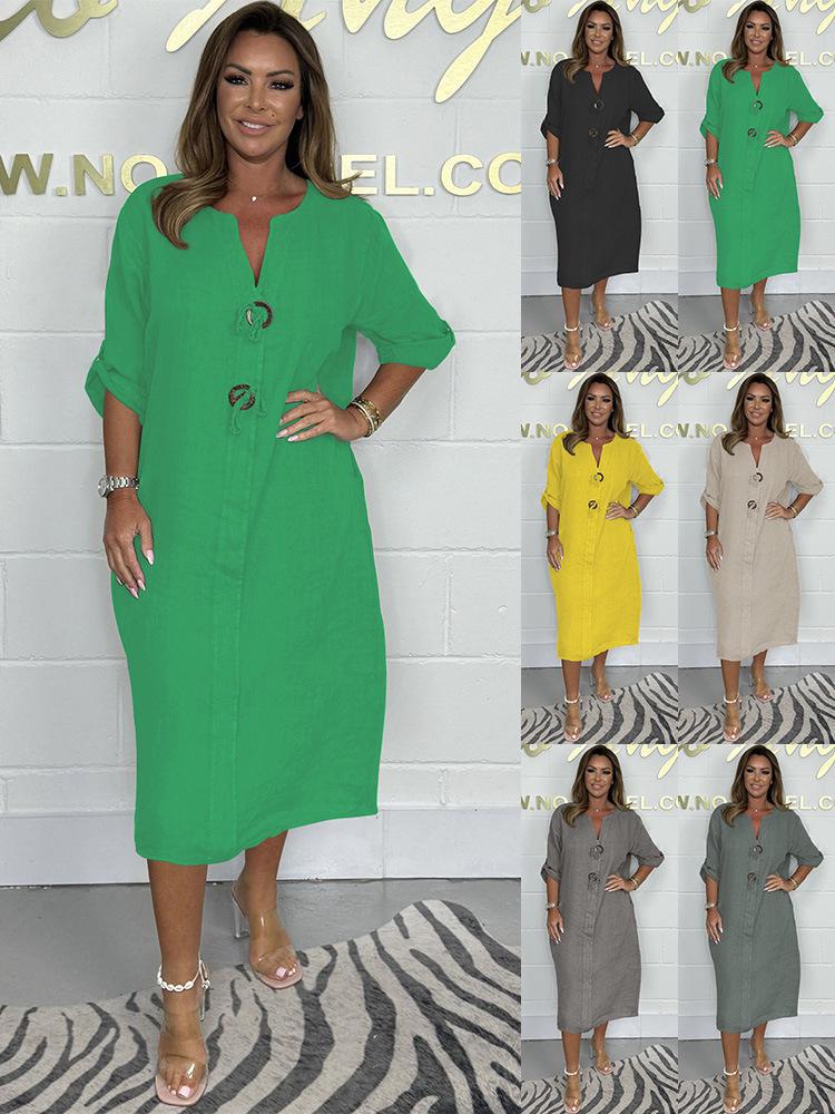 2024 European & American Women's Solid Color Casual Loose Robe Dress