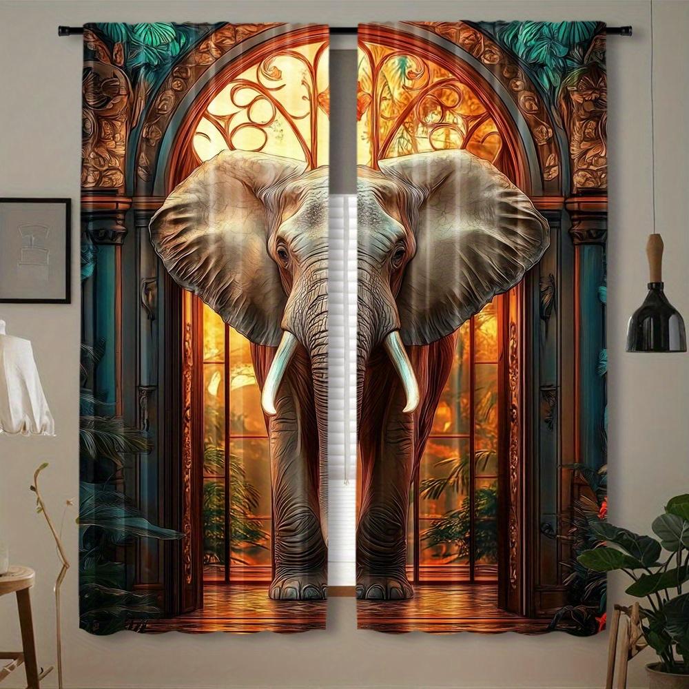 2pcs, 3d Elephant Curtain for Home Decor, Bohemian Rod Pocket Window, for Bedroom, Office, Kitchen, Living Room, And Study