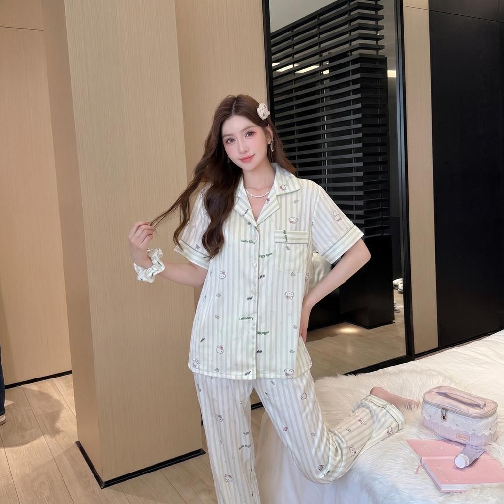 Summer New Girl Student Cartoon Striped Printed Pajamas Cute Ice Silk Thin Short-sleeved Loungewear Two-piece Set