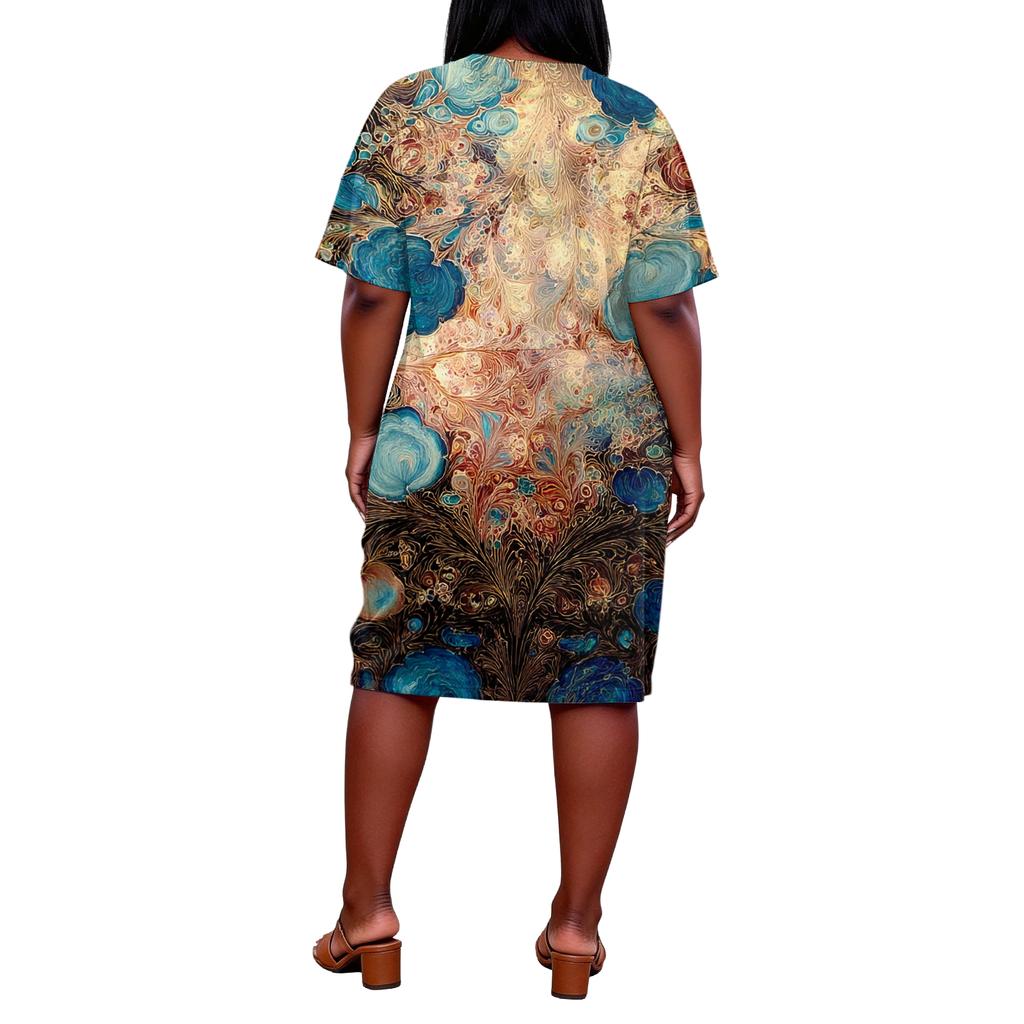 Summer Plus Size V Neck Short Sleeve Knee Pocket  Print Casual Dress For Women