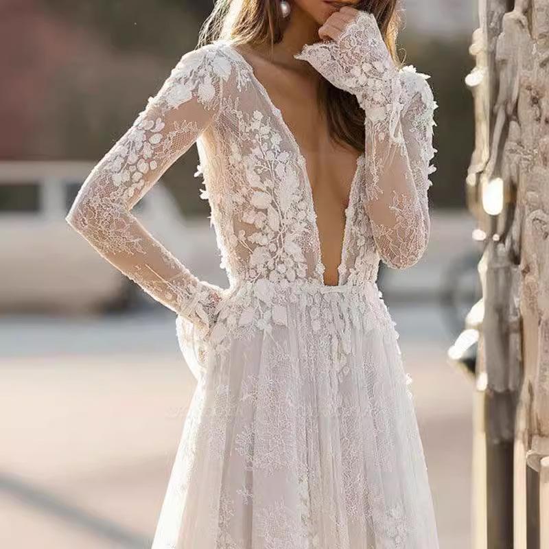 2024 Women's Wedding Dresses: Sexy Lace Long Sleeve Holiday & Evening Party Gowns