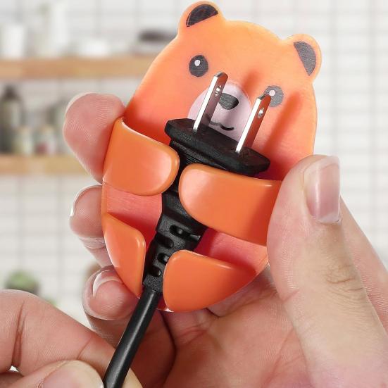 Cute Bear Plugs Holders Adhesive Wall Hook Plastic Phone Charger Holders No Drilling Needed Wall Mounted Organizer for Plugs Charger Storage