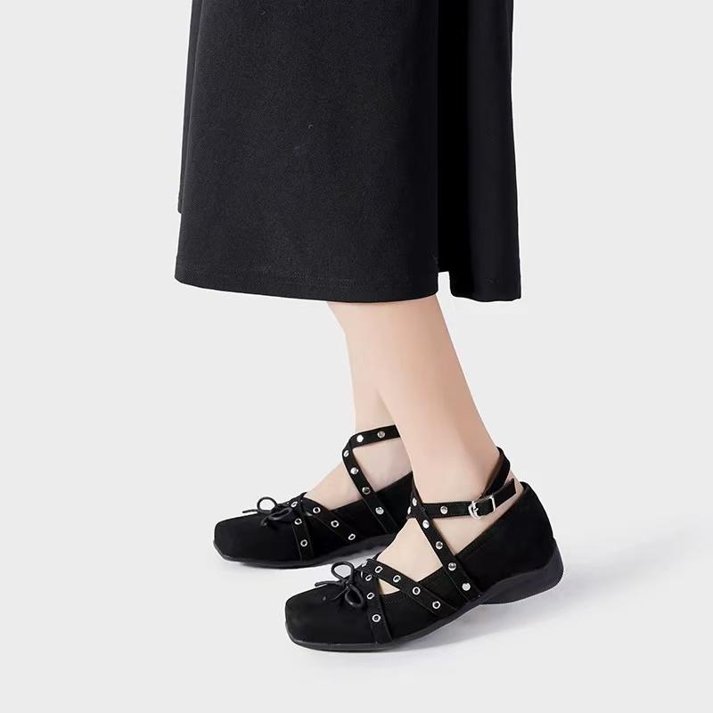 Spring Autumn Rivet Strap Buckle Faux Suede Bowknot Women Ballet Flats Mary Janes Walking Loafers Casual Girls Shoes