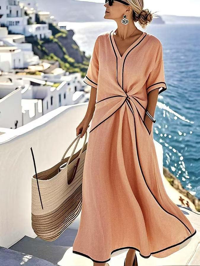 European and American round neck sleeveless contrasting colors loose and thin cross dress, sleeveless long dress