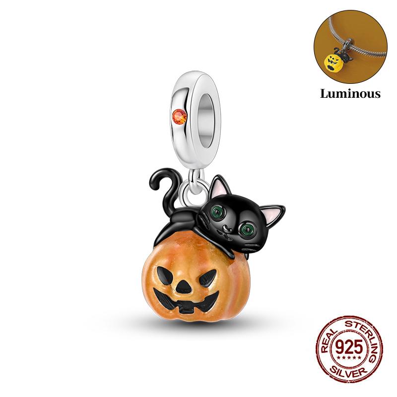 Halloween Charms Bead Copper Luminous Pumpkin Ghost Dangle Fit Bangle Bracelet Necklace Diy Jewelry