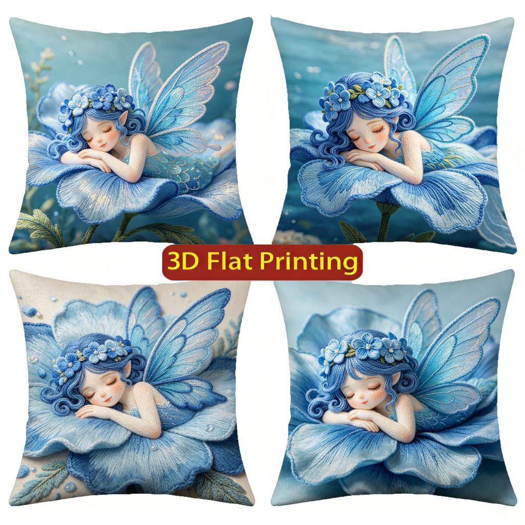 Fairy In Blue Flower Throw Pillow Covers Pattern Cushion Cover Suitable For Sofa Bedroom Car Pillow Cover