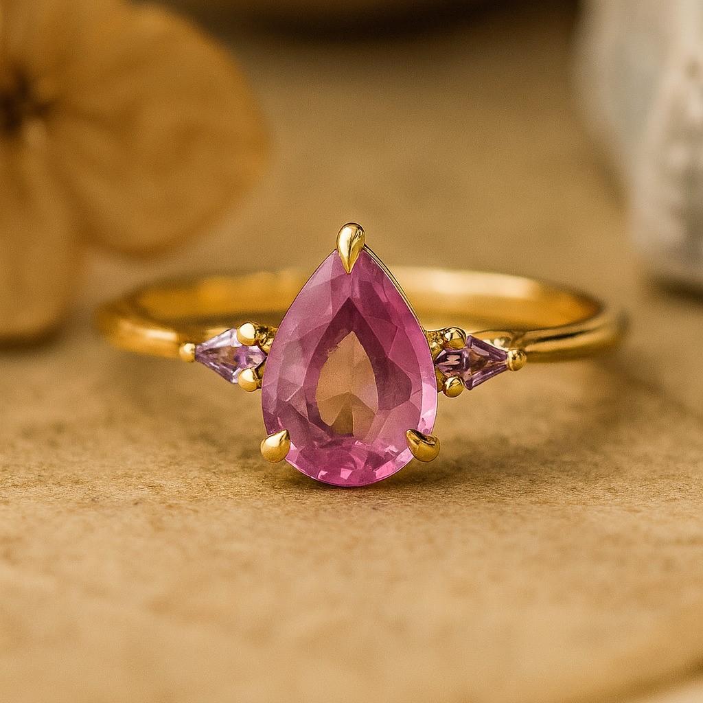 Pink Pear & Kite Cut Sapphire Ring – Yellow Gold Plated Wedding, Engagement, Anniversary, Promise Gift for Women | Birthstone Jewellery