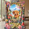 Dog and Flower Pattern Theme Blanket Lightweight Warm Flannel Blanket Decorative Throw Blanket for Home Decoration
