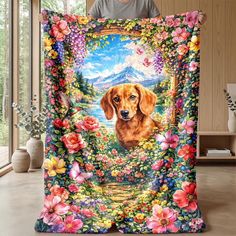 Dog and Flower Pattern Theme Blanket Lightweight Warm Flannel Blanket Decorative Throw Blanket for Home Decoration