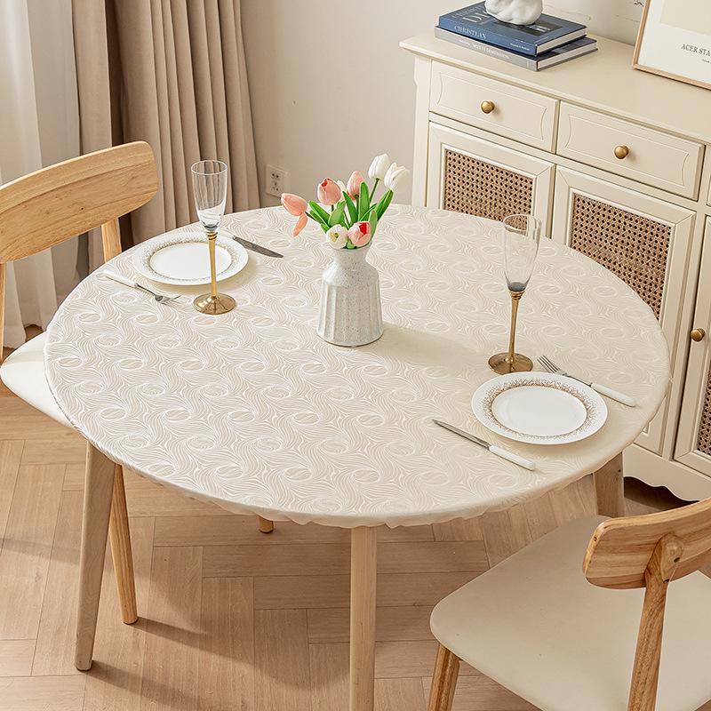 Non-Slip Waterproof Round Table Cover: Elastic, Oilproof, Anti-Scalding, Wash-Free Tablecloth for Dining Tables.