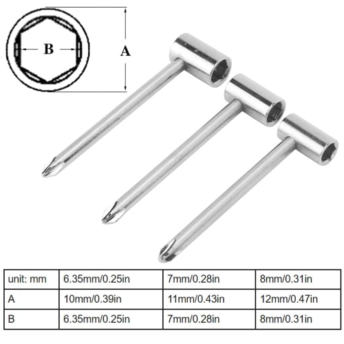 6.35mm Pipe Wrench, Hex Wrench, Rod Wrench for 7mm and 8mm Truss Rods, Wear-Resistant Neck Repair (Silver, 6.35mm + 8mm, 3-Pack)