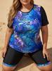 Blue Leopard Print Plus Size Two-Piece Swimwear for Women: Sun Protective Vest & Printed Bikini Bottoms