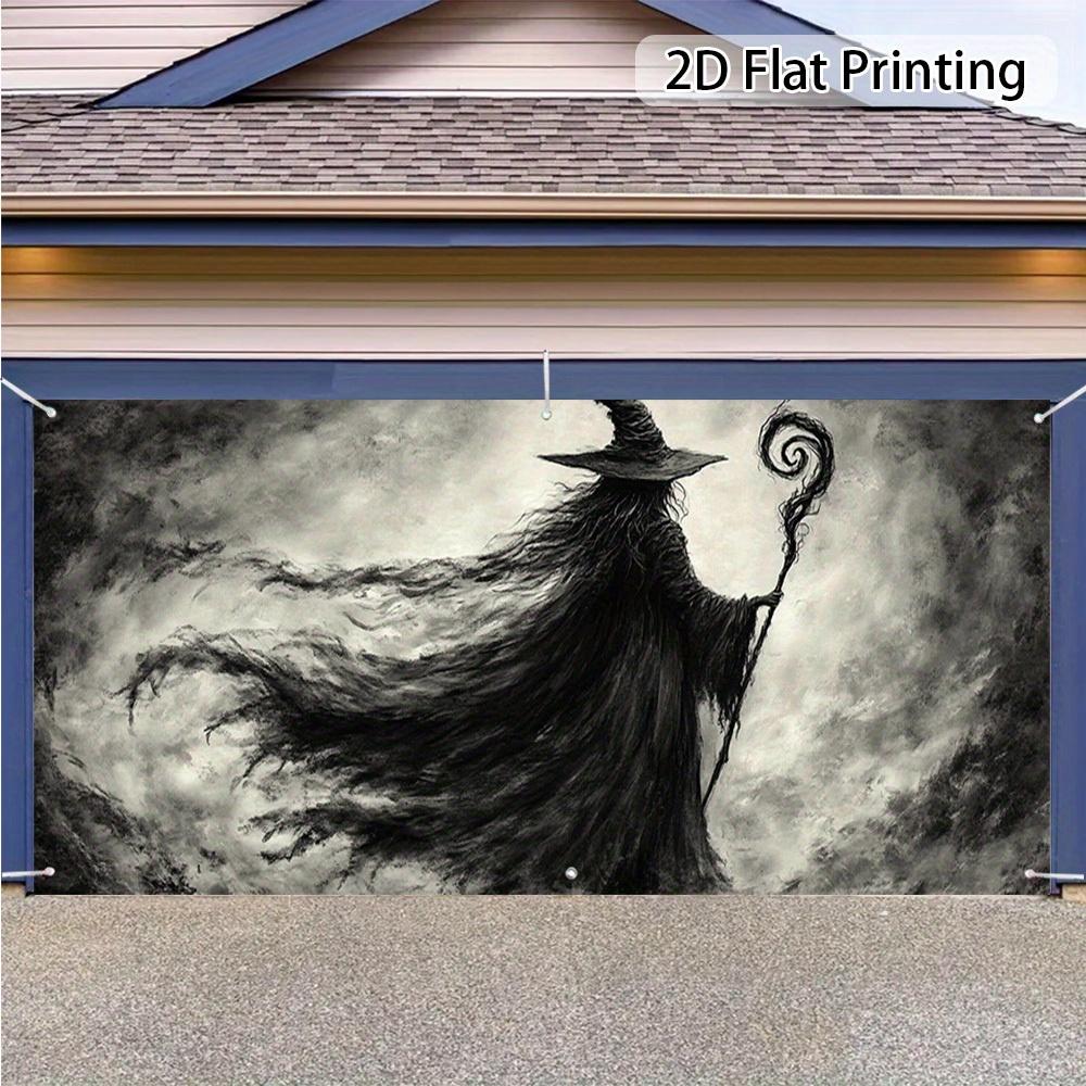 1 piece of 2D flat Gothic Halloween witch garage door banner - black and white witch decorationzyc