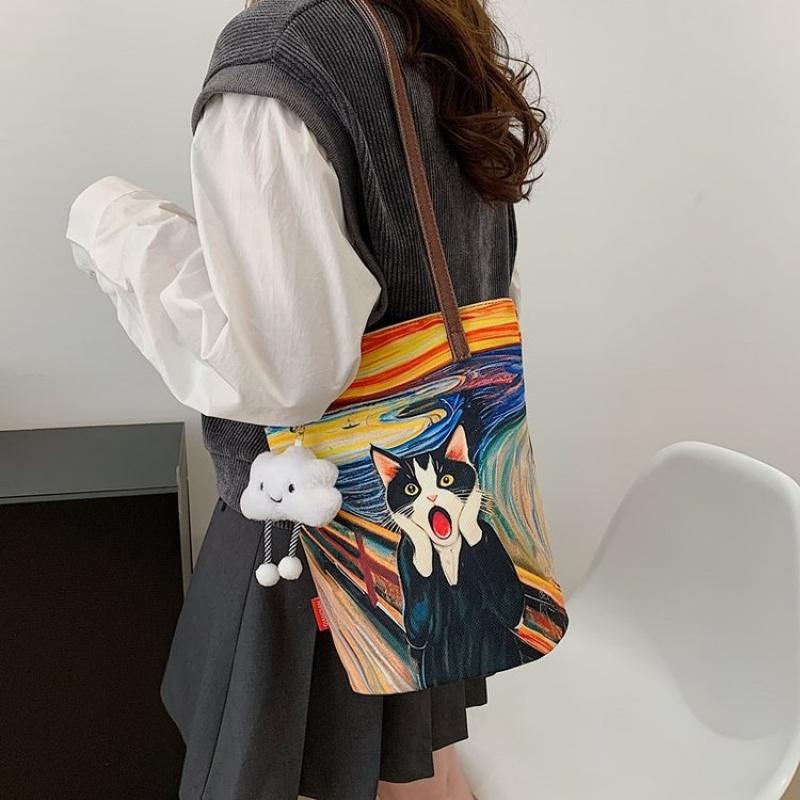 Women Handbag Lovely Cartoon Printed Bucket Bag Portable Cylinder Bag Canvas Tote Bag Students Carry Lunch Bags for Girls