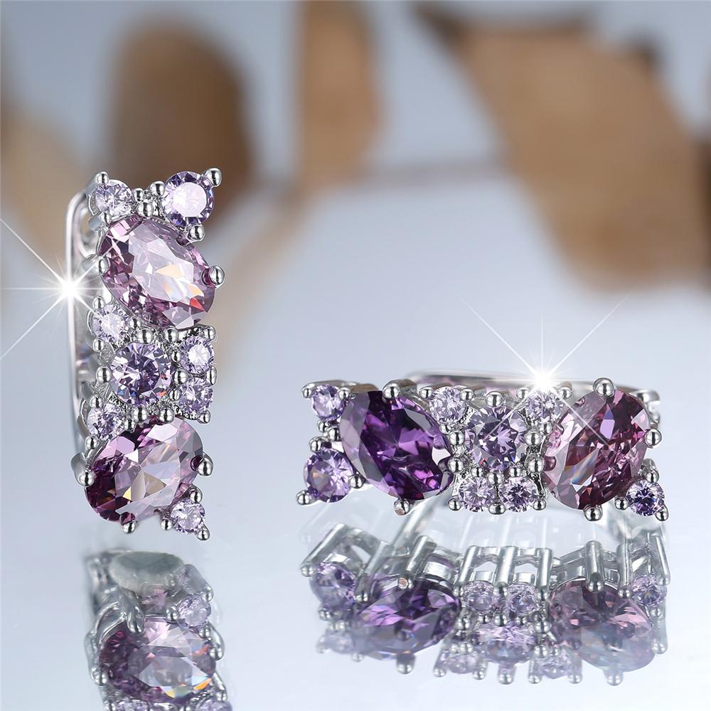 Cute Female Purple Zircon Stone Hoop Earrings Fashion Silver Color Wedding Jewelry For Women