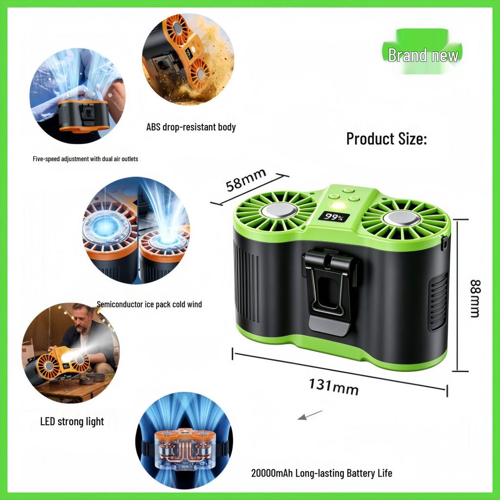 Hanging Waist Fan: Large Capacity, Long Battery Life, Dual Airflow, Portable for Outdoor Construction