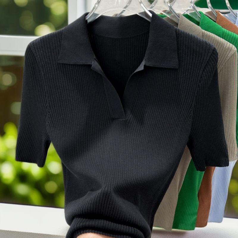 Summer Women s V-Neck Short Sleeve Polo Shirt Breathable Ice Silk Solid Slim-Fit High Elasticity Knitted Top S чёрный