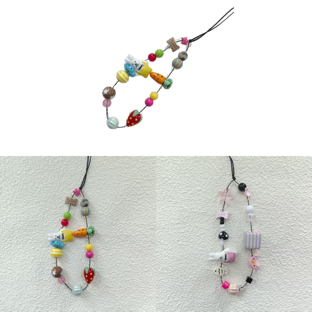 Handmade Ceramic Pink Bunny Phone Lanyard With Beads For Women And Men