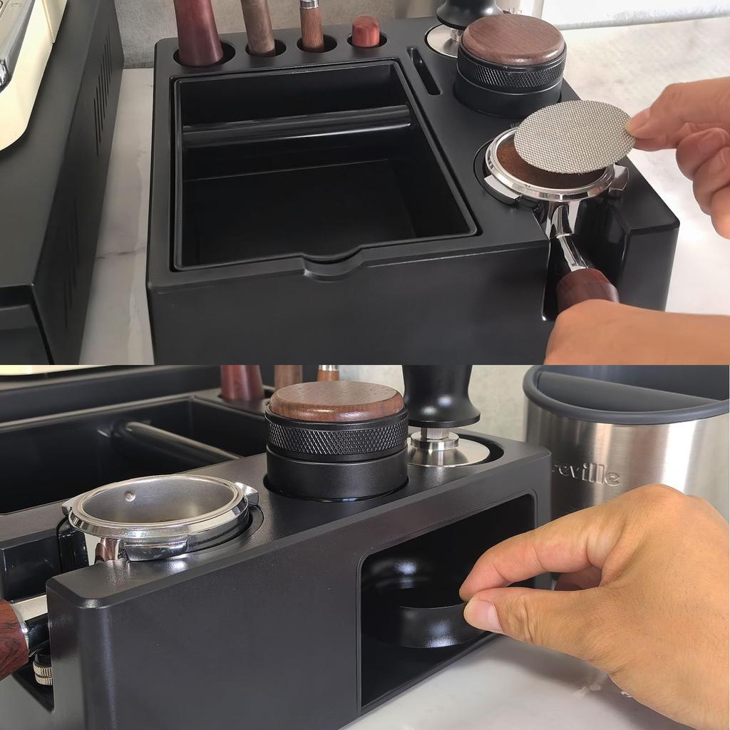 Espresso Knock Box, Espresso Accessory Organizer Box, 51mm-58mm Tamping Station Base, 9-in-1 Storage, ABS Material, Espresso Tamper Mat, Tamper