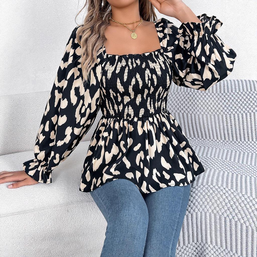 HNXC Autumn and Winter Casual Black Ear-trimmed Square Neck Leopard Print Long-sleeved Chiffon Blouse for Women