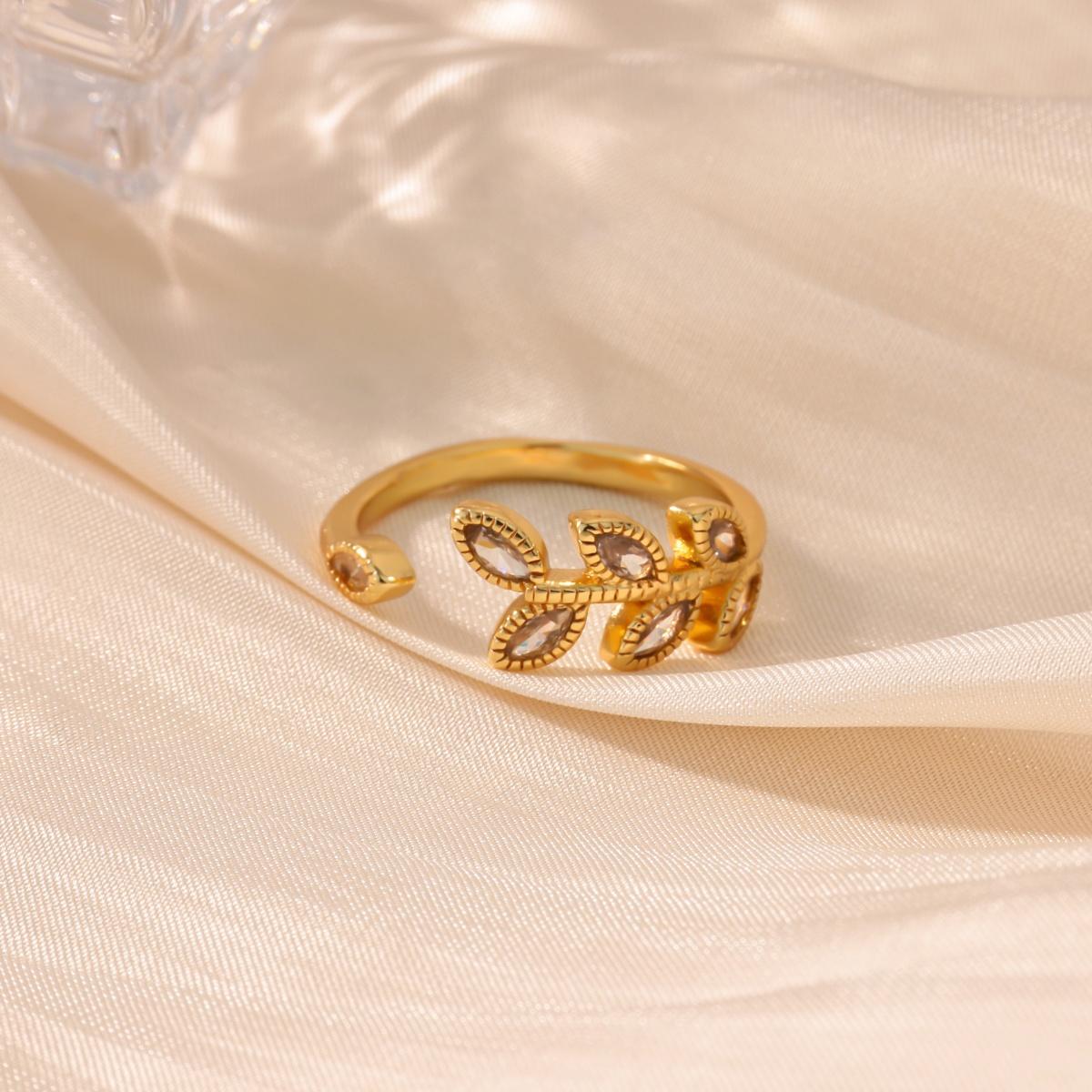 

Tiny Leaf Zircon Stainless Steel Ring for Women 18K Gold-plated Anti Fading Open Ring Wedding Jewelry Accessories Christmas Gift Adjustable