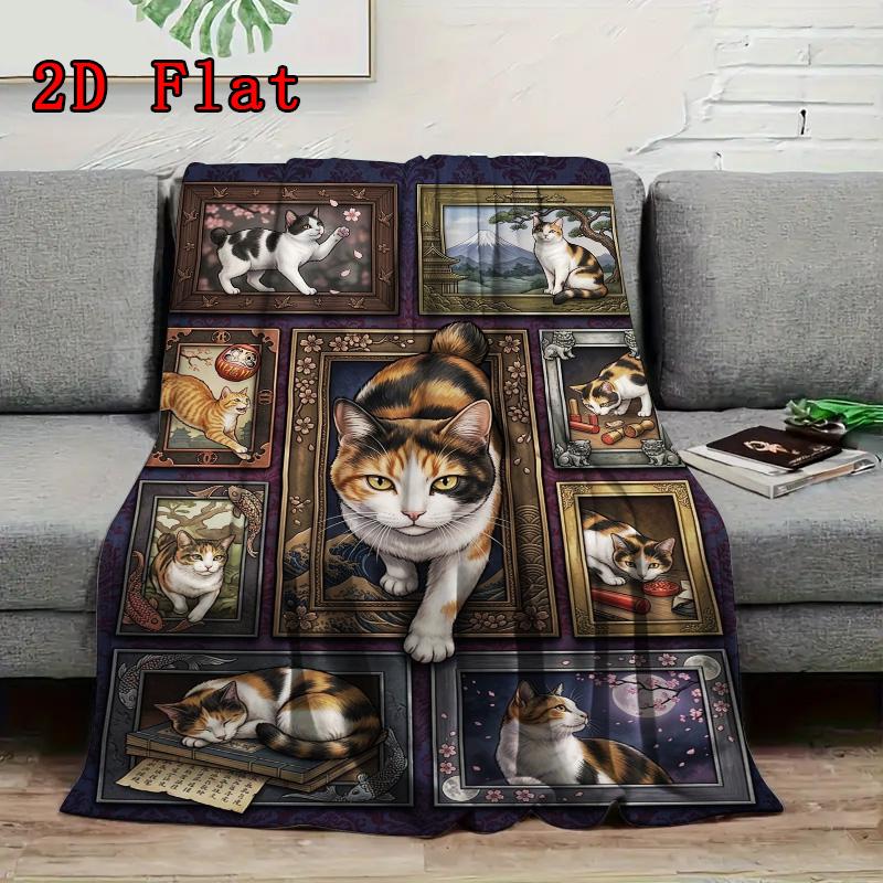 Japanese Cat Portraits 2D Flat Pattern Flannel Blanket, High quality All Seasons, Home Decor, Warmth and Comfort, Perfect for Christmas Gifts.