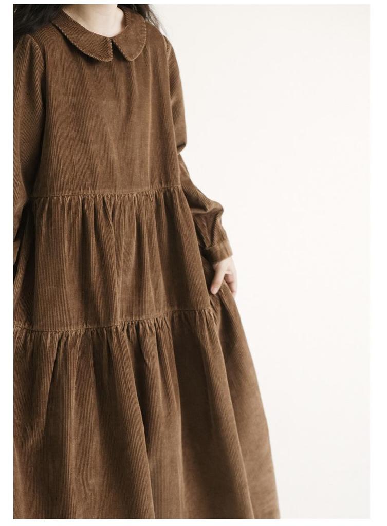 Japanese Style Corduroy Doll Collar Autumn A-Line Long-Sleeve Dress