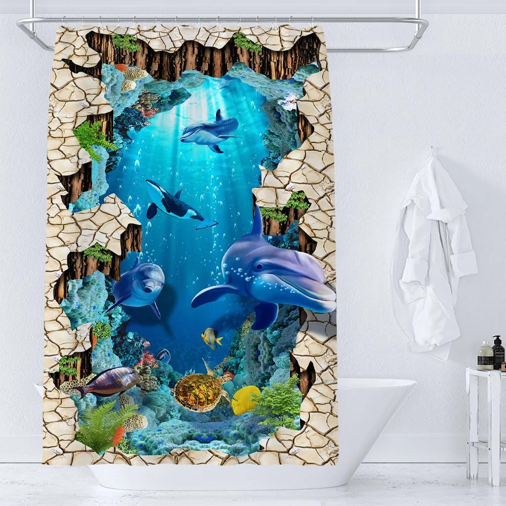 Ocean Underwater World Shower Curtain Dolphin Turtle Cute Creative Personality Print Polyester Bathroom Curtain Decor With Hooks