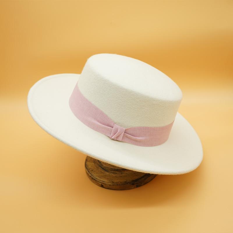 French Retro Simple White Woolen Flat Top Panama Top Hat Female Autumn And Winter British Celebrity Felt Elegant Hat