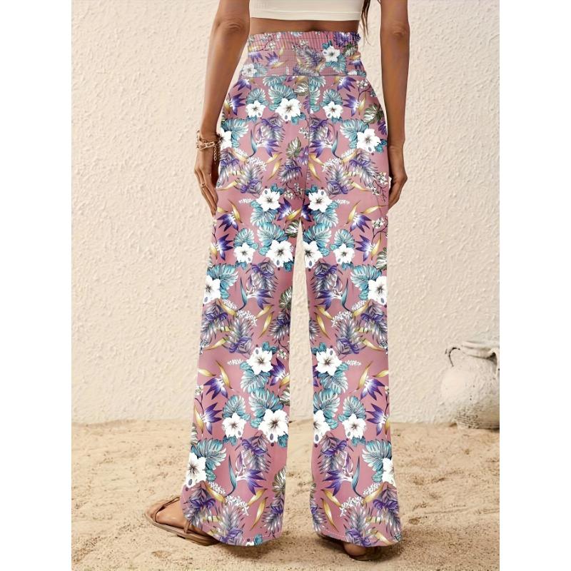 Women's Fashion Casual Flower Pattern Print High Waist Trousers Pants & Capris
