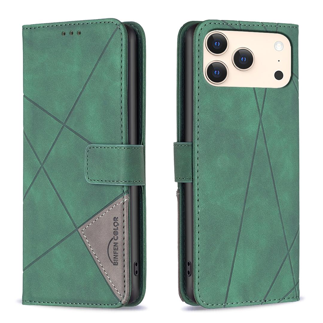 

For iPhone 17 Pro Phone Case BINFEN COLOR Wallet Stand Geometry Imprinted Leather Cover Green