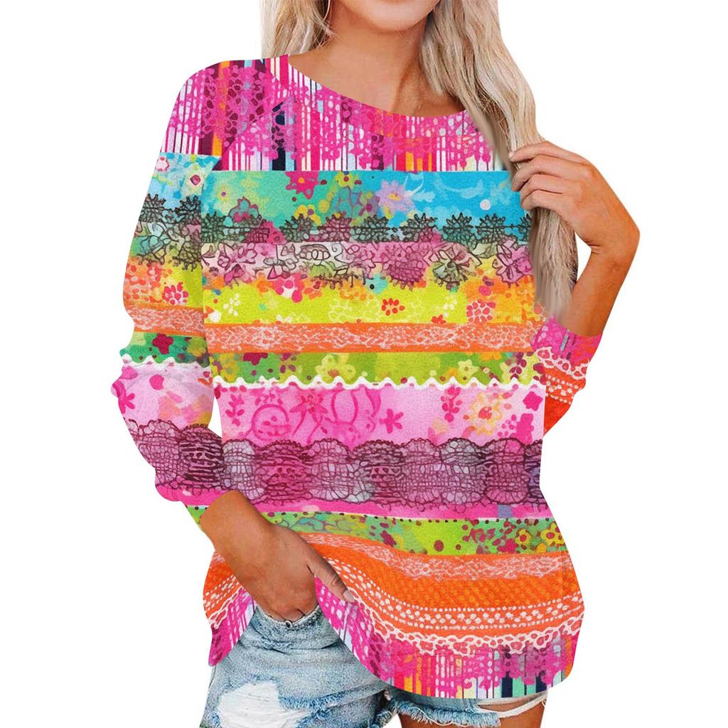 Damen Modisches Rundhals Schulter Langarm Bedrucktes Lässiges Pullover-Oberteil