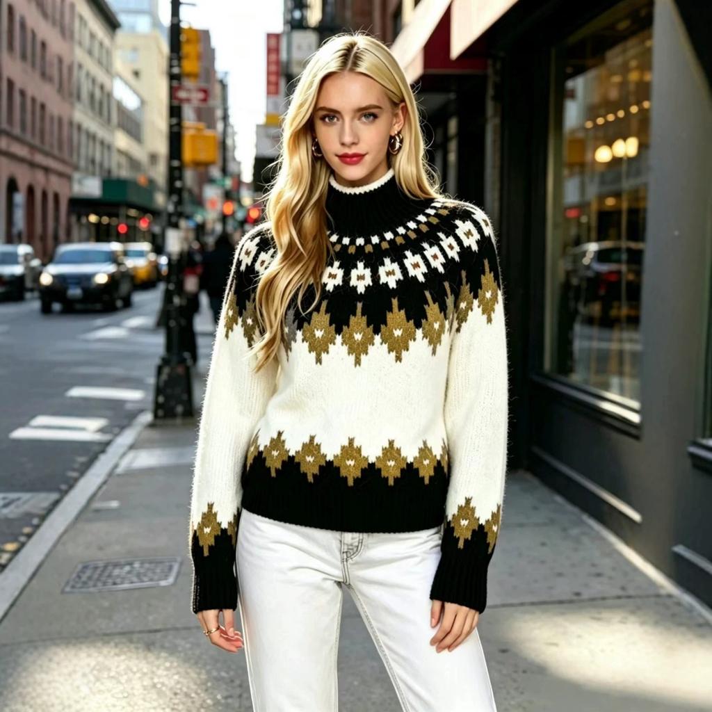 Fall Winter Women's Fair Isle Pattern Half Turtleneck Sweater, Loose Soft Rhombus Jacquard Knit Lazy Top
