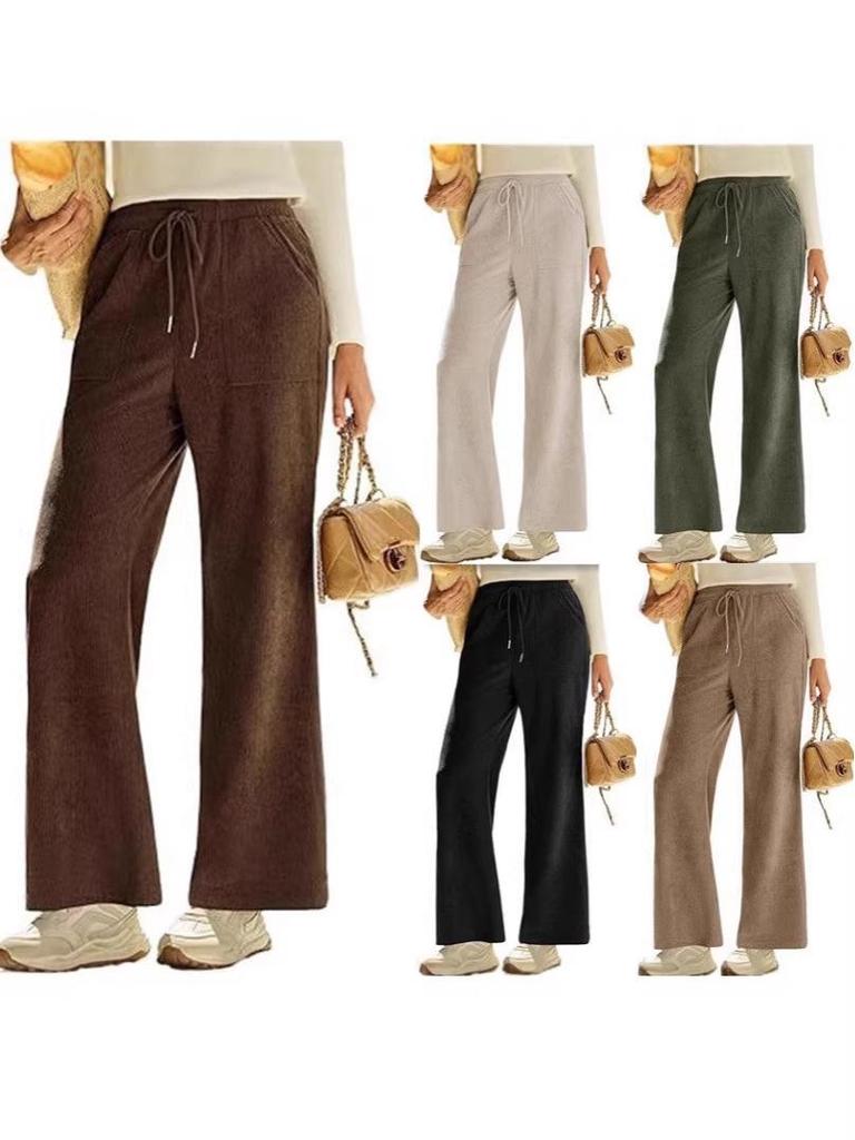 2026 High Waist Lace-Up Corduroy Barrel Pants with Pockets - Wide Leg, Casual, Elastic Long Pants