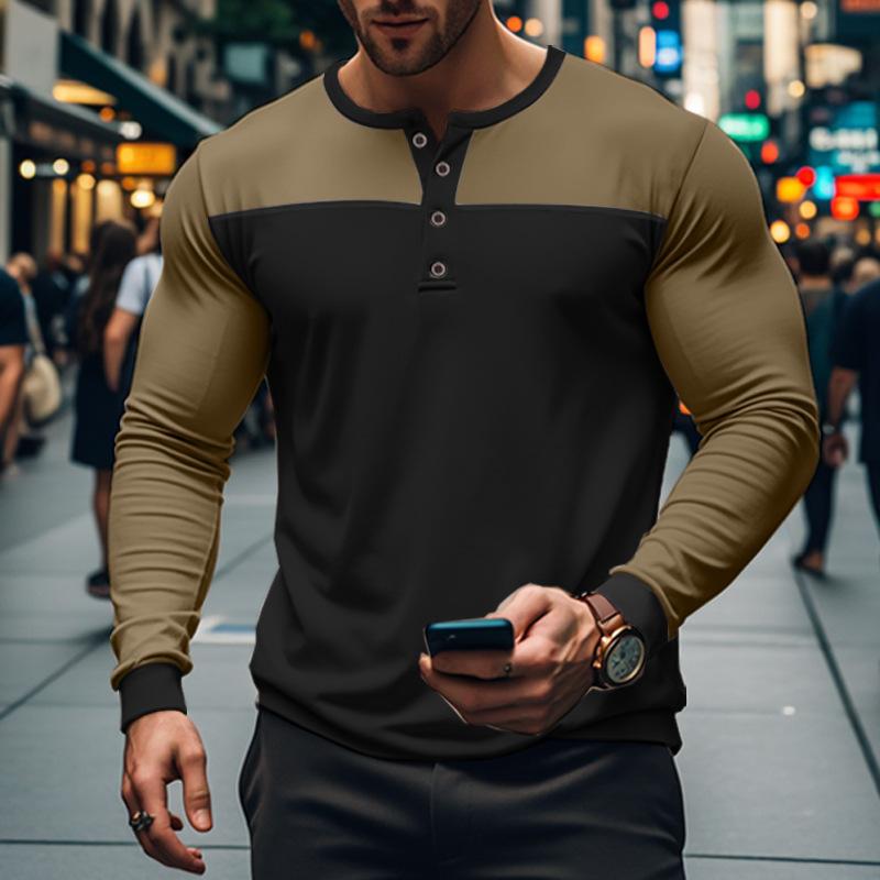 Vintage Patchwork Mens Crew Neck T Shirts Autumn Long Sleeve Contrast Color Buttoned Tops for Men Casual Slim Pullover Male Tees