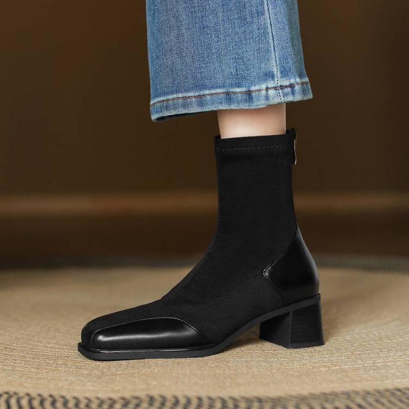 Korean Version of the New Suede Elastic Women's Boots Square Head Large Size Martin Boots Solid Color High Heel Leather Boots Autumn and Winter Mid