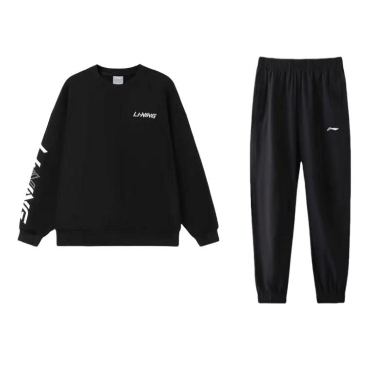 Li Ning Loose Fit Pullover Round Neck Long Sleeve Sweatshirt And Pants Casual Sports Set Men sweatshirt and pants AYKT551-7+AWDT607-1
