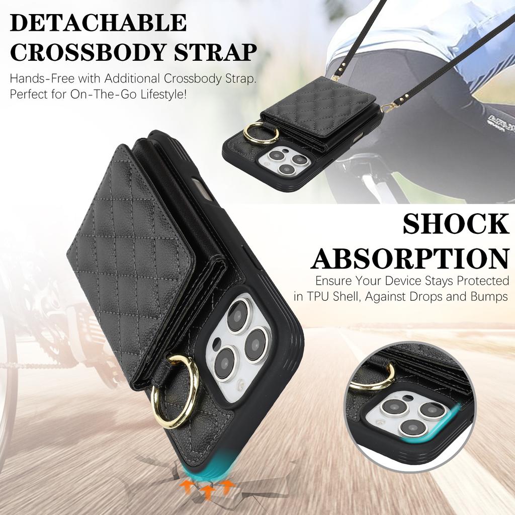 For iPhone 16 Pro Max Case with Lanyard/Mirror/Card Holder Grids Pattern RFID Blocking Phone Cover