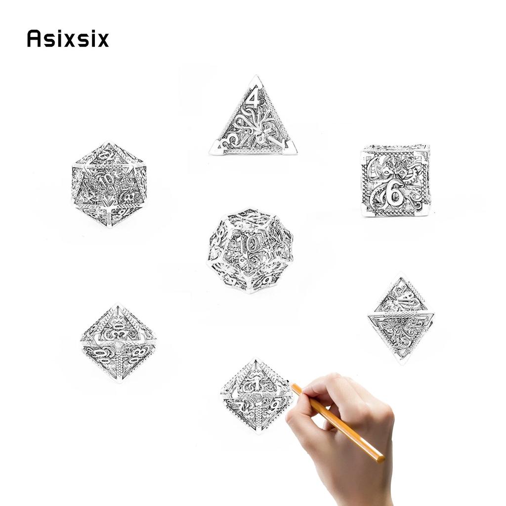 7 Pcs Silver Green Squid Metal Dice Hollow Metal Polyhedral Dice Set Suitable for Role-Playing RPG  Board Game Card Game