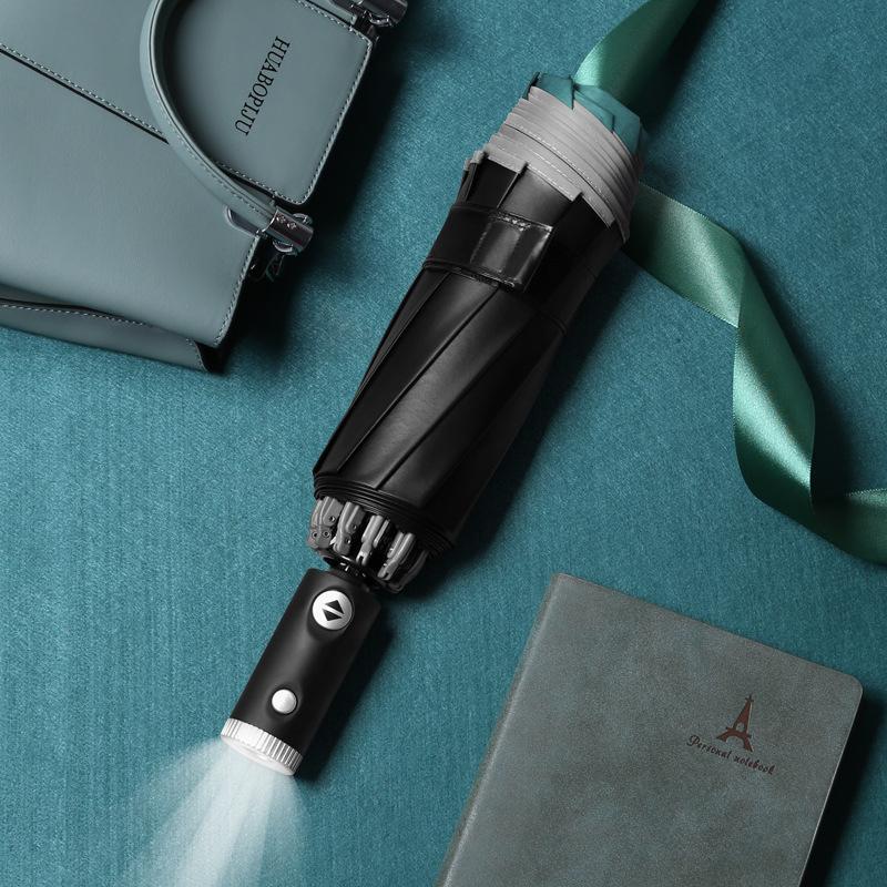 Tri-fold Automatic Reverse Umbrella, Hemming Reflective LED Umbrella Can Be Added