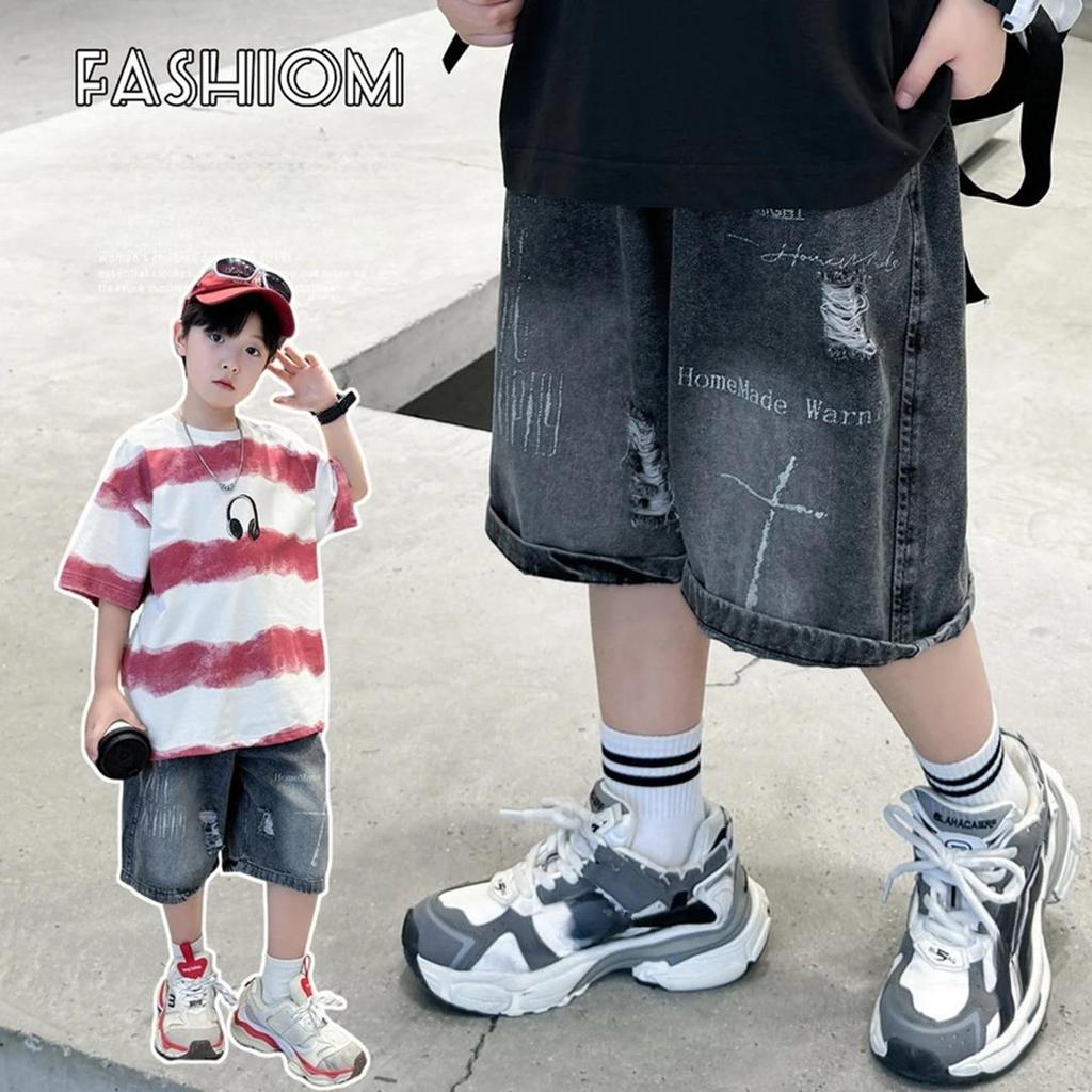 Streetwear Jungen Zerrissene Jeansshorts Schwarz Sommer Locker Lässig Knielang Alter 5-14 Jahre Kinder Mode
