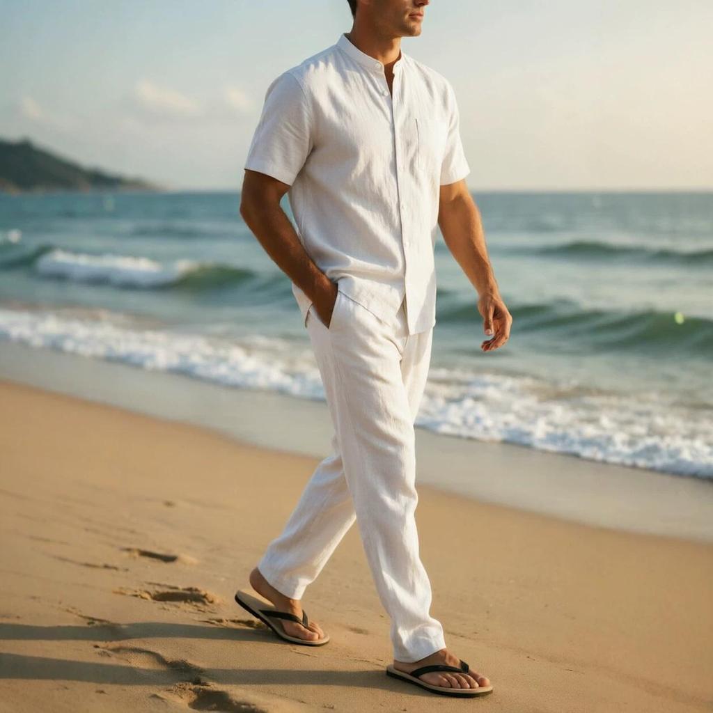 Men’s European Size Linen Summer Sportswear Set: Short-Sleeve Shirt & Pants